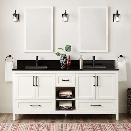 Signature Hardware Burfield 72" Freestanding Double Basin Vanity Set with Cabinet, Vanity Top, and Rectangular Undermount Sinks - Single Faucet Holes White / Absolute Black