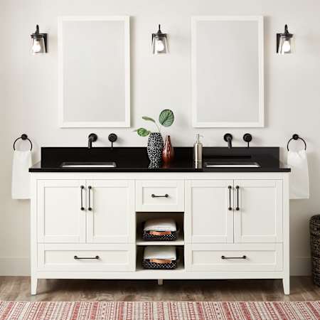 Signature Hardware Burfield 72" Freestanding Double Basin Vanity Set with Cabinet, Vanity Top, and Rectangular Undermount Sinks - No Faucet Holes White / Absolute Black