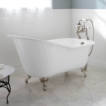 Signature Hardware Callaway 61" Cast Iron Soaking Clawfoot Tub with Tap Deck and External Drain and Overflow White / Brushed Nickel Feet