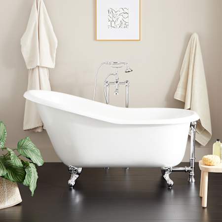 Signature Hardware Erica 57" Cast Iron Soaking Clawfoot Tub with Included Overflow Drain White / Brushed Nickel Feet