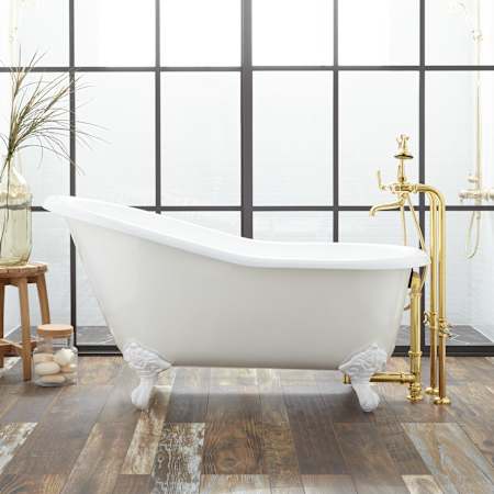 Signature Hardware Erica 57" Cast Iron Soaking Clawfoot Tub with Imperial Feet and External Drain and Overflow White / Brushed Nickel Feet