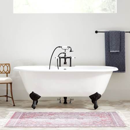 Signature Hardware Sanford 60" Cast Iron Soaking Clawfoot Tub with Tap Deck, 7" Faucet Holes and External Drain and Overflow White / Brushed Nickel Feet