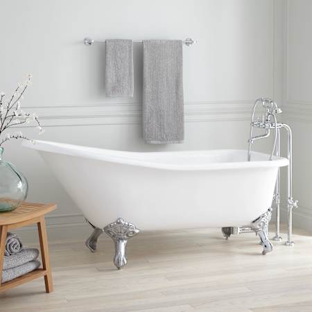 Signature Hardware 66" Goodwin Cast Iron Slipper Clawfoot Tub - Rolled Rim - Drain White / Chrome Feet