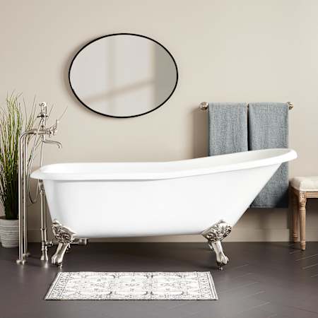 Signature Hardware 66" Goodwin Cast Iron Slipper Clawfoot Tub - Rolled Rim - Drain White / Brushed Nickel Feet