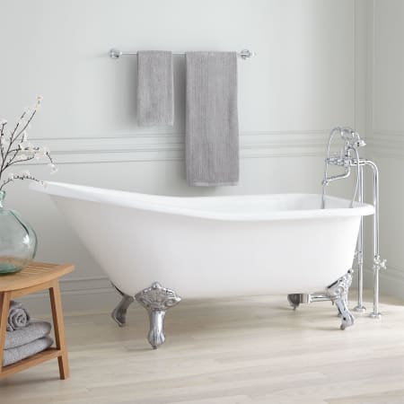 Signature Hardware Goodwin 66" Cast Iron Soaking Slipper Clawfoot Tub with Included Overflow Drain White / Brushed Nickel Feet