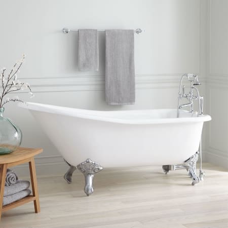 Signature Hardware Goodwin 66" Cast Iron Soaking Slipper Clawfoot Tub with Included Overflow Drain and 7" Rim Holes White / Brushed Nickel Feet