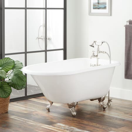 Signature Hardware Miya 54" Cast Iron Soaking Clawfoot Tub with Included Overflow Drain, Rolled Rim, and 3-3/8" Wall Holes White / Brushed Nickel Feet