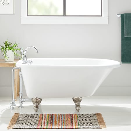 Signature Hardware 61" Miya Cast Iron Clawfoot Tub - 3-3/8" Wall Holes - Ball and Claw Feet and Drain White / Brushed Nickel Feet