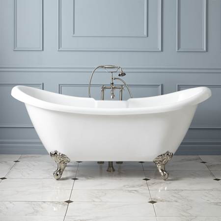 Signature Hardware Rosalind 63" Acrylic Soaking Clawfoot Tub with Imperial Feet, Tap Deck and External Drain and Overflow White / Brushed Nickel Feet