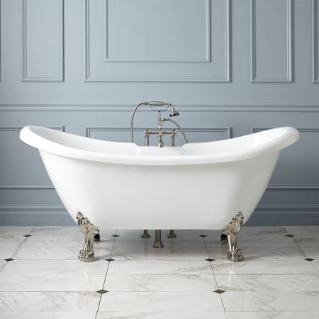 Signature Hardware Rosalind 69" Acrylic Soaking Clawfoot Tub with Included Overflow Drain, Lion Paw Feet and Tap Deck White / Brushed Nickel Feet