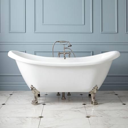 Signature Hardware Rosalind 69" Acrylic Soaking Clawfoot Tub with Lion Paw Feet, Rolled Rim and External Drain and Overflow White / Brushed Nickel Feet