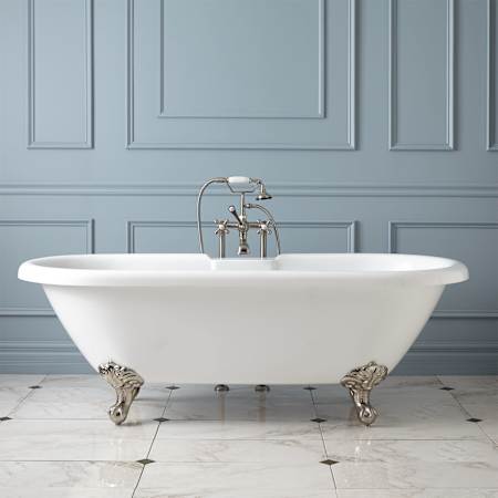 Signature Hardware 69" Audrey Acrylic Double-Ended Clawfoot Soaking Tub - No Holes - Feet and Drain White / Brushed Nickel Feet