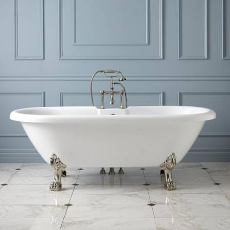 Signature Hardware 69" Audrey Acrylic Double-Ended Clawfoot Soaking Tub - Lion Paw Feet and Drain White / Brushed Nickel