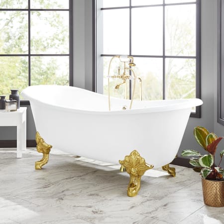 Signature Hardware Lena 72" Cast Iron Soaking Clawfoot Tub with Pre-Drilled Overflow Hole, 7" Rim Holes and Tap Deck White / Brushed Nickel Feet