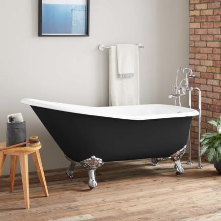 Signature Hardware Goodwin 66" Cast Iron Soaking Clawfoot Tub with Included Overflow Drain Black / Brushed Nickel Feet