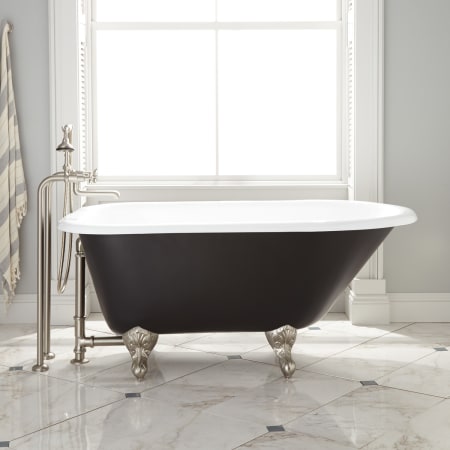 Signature Hardware Miya 54" Black Cast Iron Soaking Clawfoot Tub with Included Overflow Drain and Tap Deck Black / Chrome Feet