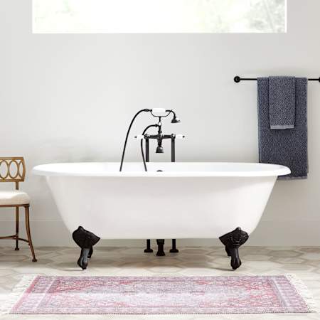 Signature Hardware Sanford 60" Cast Iron Soaking Clawfoot Tub with Included Overflow Drain and Rolled Rim White / Black Feet