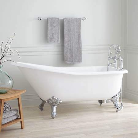 Signature Hardware 66" Goodwin Cast Iron Slipper Clawfoot Tub - 7" Rim Holes - Feet and Drain White / Black Feet
