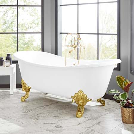 Signature Hardware 72" Lena Cast Iron Double-Slipper Clawfoot Soaking Tub - Rolled Rim - Feet and Drain White / Black Feet