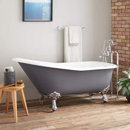 Signature Hardware Goodwin 66" Cast Iron Soaking Clawfoot Tub with Rolled Rim and External Drain and Overflow - Less Faucet Holes Dark Gray / Black Feet
