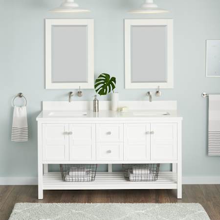 Signature Hardware Olsen 60" Freestanding Double Basin Vanity Set with Cabinet, Vanity Top, and Rectangular Undermount Sinks - No Faucet Holes Soft White / Arctic White