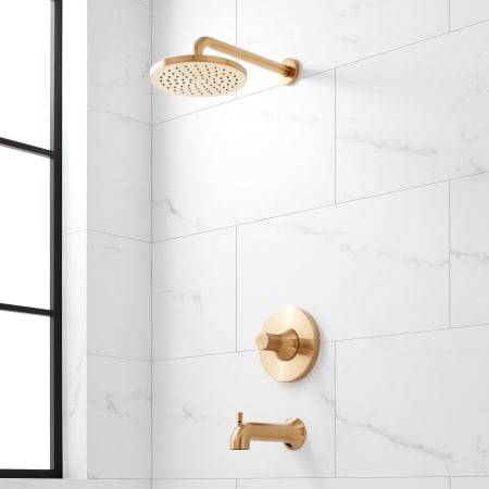 Signature Hardware Lentz Pressure Balanced Tub and Shower Package with Rainfall Shower Head, Knob Handles, Shower Arm, and Valve Trim - Accufit Rough-In Valve Included Brushed Gold