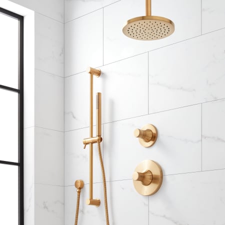 Signature Hardware Lentz Pressure Balanced Shower System with Shower Head, Hand Shower, Slide Bar, Shower Arm, and Hose - Less Rough In Valve Brushed Gold