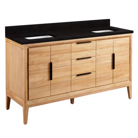 Signature Hardware Aliso 60" Freestanding Teak Double Basin Vanity Set with Cabinet, Vanity Top, and Rectangular Undermount Sinks - No Faucet Holes Natural Teak / Absolute Black