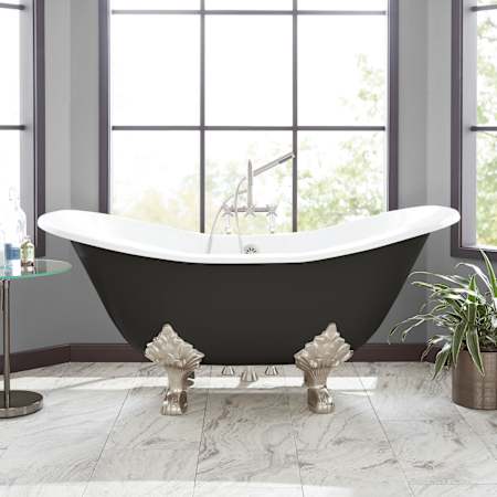 Signature Hardware Arabella 61" Cast Iron Soaking Clawfoot Tub with Drain, Overflow and Tap Deck Black / Brushed Nickel