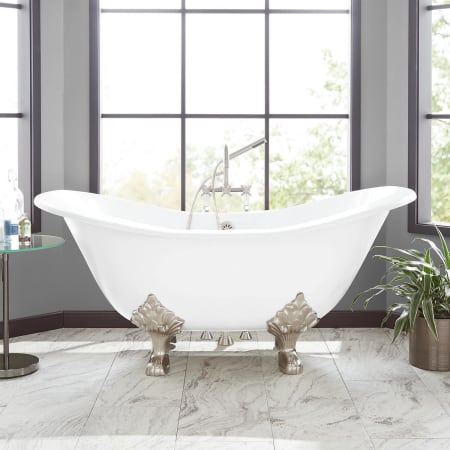 Signature Hardware Arabella 61" Cast Iron Soaking Clawfoot Tub with Included Overflow Drain and 7" Rim Holes White / Brushed Nickel