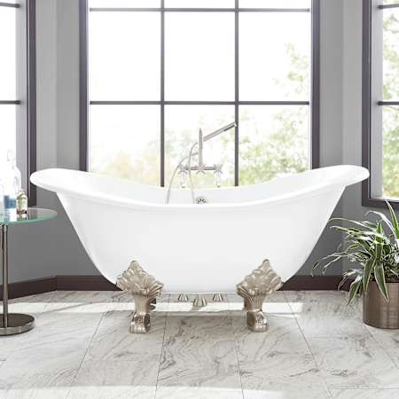 Signature Hardware Arabella 72" Cast Iron Soaking Clawfoot Tub with Included Overflow Drain and 7" Rim Holes White / Brushed Nickel