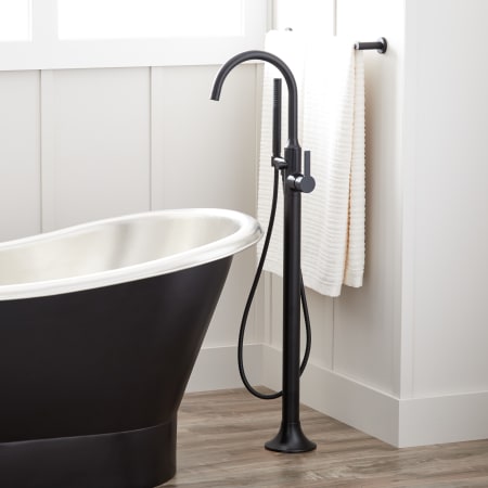 Signature Hardware Lentz Floor Mounted Tub Filler with Built-In Diverter - Includes Hand Shower and Valve Matte Black