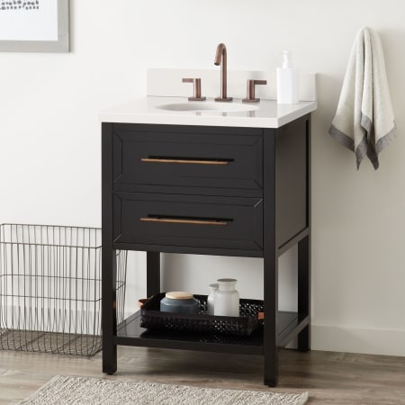 Signature Hardware Robertson 24" Freestanding Mahogany Single Basin Vanity Set with Cabinet, Vanity Top, and Oval Undermount Sink - 8" Faucet Holes Black / Arctic White