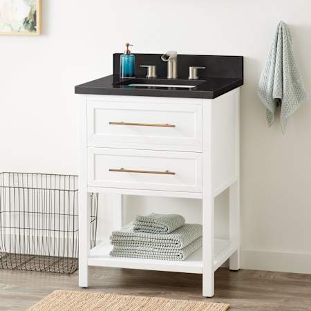 Signature Hardware Robertson 24" Freestanding Mahogany Single Basin Vanity Set with Cabinet, Vanity Top, and Rectangular Undermount Sink - 8" Widespread Faucet Holes Bright White / Absolute Black