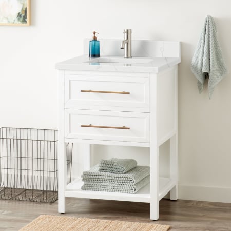 Signature Hardware Robertson 24" Freestanding Mahogany Single Basin Vanity Set with Cabinet, Vanity Top, and Rectangular Undermount Sink - Single Faucet Hole Bright White / Feathered White