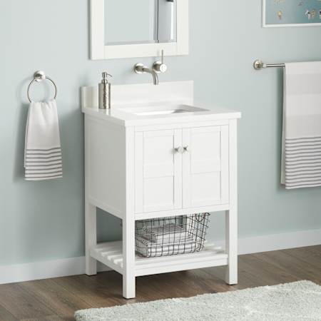 Signature Hardware Olsen 24" Freestanding Single Basin Vanity Set with Cabinet, Vanity Top, and Rectangular Undermount Sink - No Faucet Holes Soft White / Arctic White