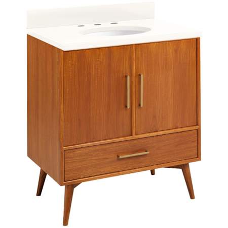 Signature Hardware Novak 30" Freestanding Teak Single Basin Vanity Set with Cabinet, Vanity Top, and Oval Undermount Sink - 8" Faucet Holes Teak / Arctic White