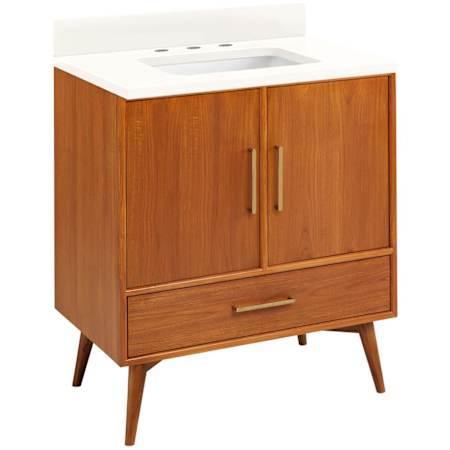 Signature Hardware Novak 30" Freestanding Teak Single Basin Vanity Set with Cabinet, Vanity Top, and Rectangular Undermount Sink - 8" Widespread Faucet Holes Teak / Arctic White