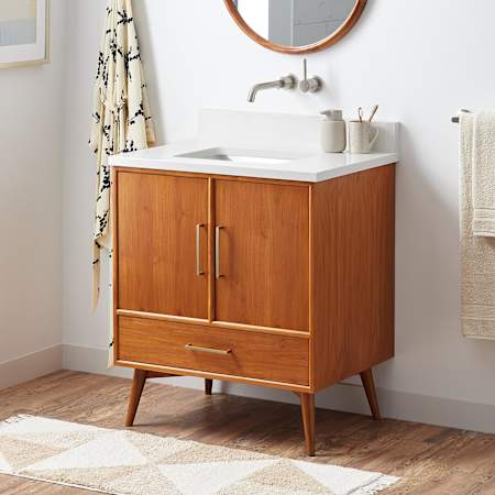 Signature Hardware Novak 30" Freestanding Teak Single Basin Vanity Set with Cabinet, Vanity Top, and Rectangular Undermount Sink - No Faucet Holes Teak / Arctic White