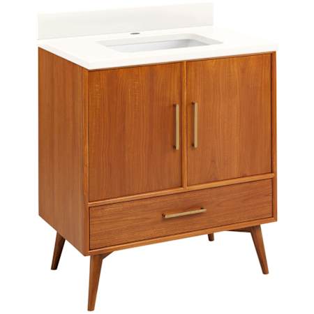 Signature Hardware Novak 30" Freestanding Teak Single Basin Vanity Set with Cabinet, Vanity Top, and Rectangular Undermount Sink - Single Faucet Hole Teak / Arctic White