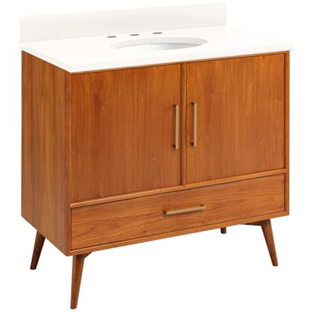 Signature Hardware Novak 36" Freestanding Teak Single Basin Vanity Set with Cabinet, Vanity Top, and Oval Undermount Sink - 8" Widespread Faucet Holes Teak / Arctic White