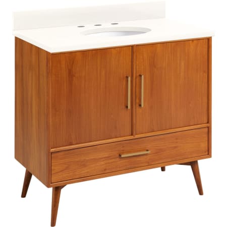 Signature Hardware Novak 36" Freestanding Teak Single Basin Vanity Set with Cabinet, Vanity Top, and Oval Undermount Sink - 8" Faucet Holes Teak / Arctic White