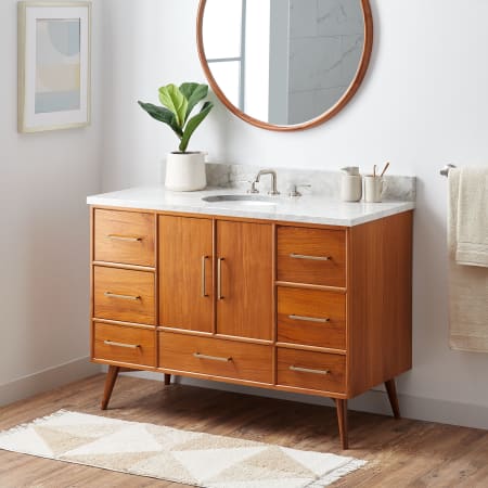 Signature Hardware Novak 48" Freestanding Teak Single Basin Vanity Set with Cabinet, Vanity Top, and Oval Undermount Sink - 8" Faucet Holes Teak / Carrara Marble