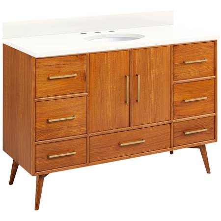 Signature Hardware Novak 48" Freestanding Teak Single Basin Vanity Set with Cabinet, Vanity Top, and Oval Undermount Sink - 8" Widespread Faucet Holes Teak / Arctic White