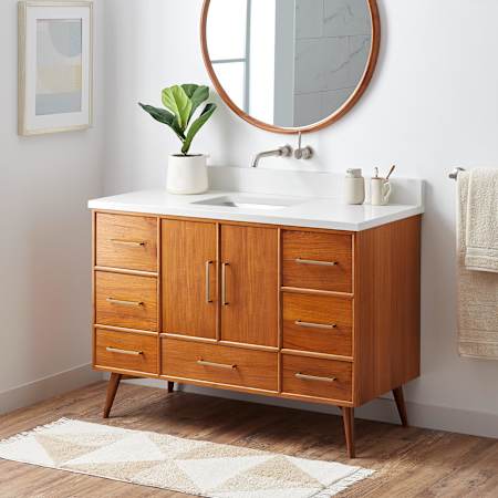 Signature Hardware Novak 48" Freestanding Teak Single Basin Vanity Set with Cabinet, Vanity Top, and Rectangular Undermount Sink - No Faucet Holes Teak / Arctic White