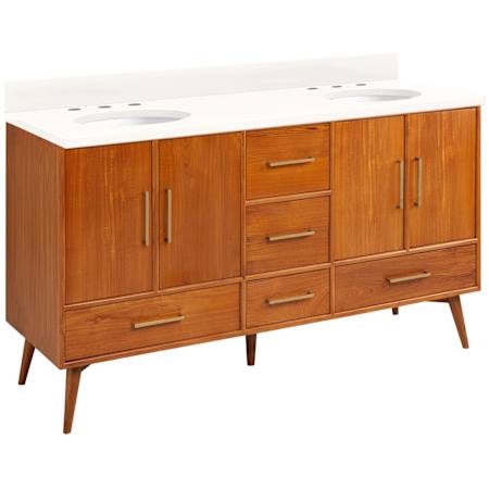 Signature Hardware Novak 60" Freestanding Teak Double Basin Vanity Set with Cabinet, Vanity Top, and Oval Undermount Sinks - 8" Faucet Holes Teak / Arctic White
