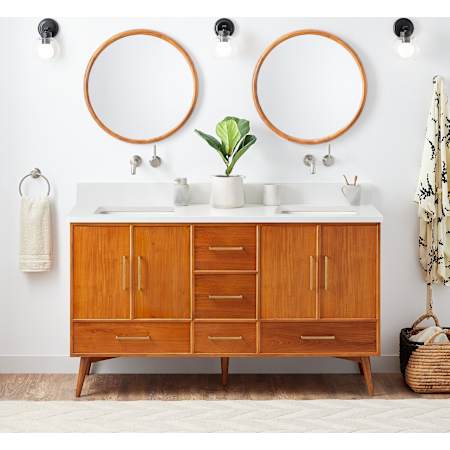 Signature Hardware Novak 60" Freestanding Teak Double Basin Vanity Set with Cabinet, Vanity Top, and Rectangular Undermount Sinks - No Faucet Holes Teak / Arctic White
