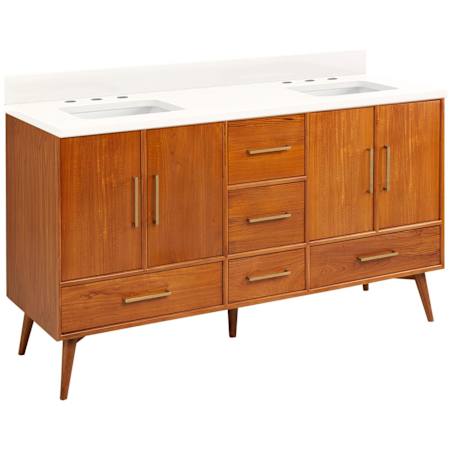 Signature Hardware Novak 60" Freestanding Teak Double Basin Vanity Set with Cabinet, Vanity Top, and Rectangular Undermount Sinks - 8" Faucet Holes Teak / Arctic White