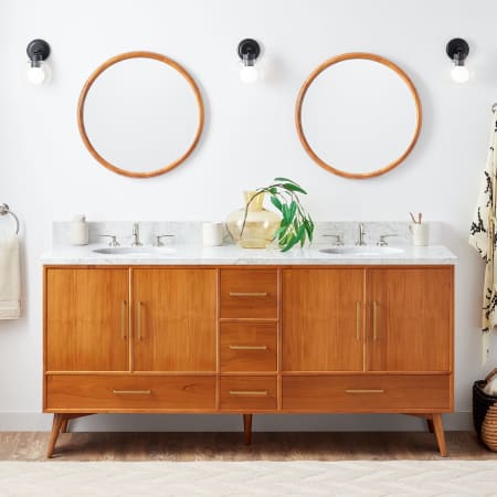 Signature Hardware Novak 72" Freestanding Teak Double Basin Vanity Set with Cabinet, Vanity Top, and Oval Undermount Sinks - 8" Faucet Holes Teak / Carrara Marble