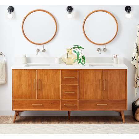Signature Hardware Novak 72" Freestanding Teak Double Basin Vanity Set with Cabinet, Vanity Top, and Rectangular Undermount Sinks - No Faucet Holes Teak / Arctic White